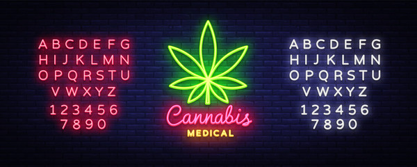 Marijuana medical neon sign and logo, graphic template in modern trend style. Cannabis is an organic hemp. Green farm Vector Illustrations. Editing text neon sign © Ivan