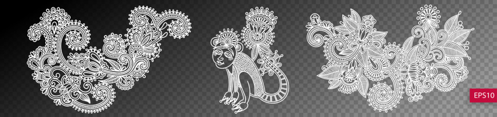 set of three paisley flower design isolated on a transparent bac