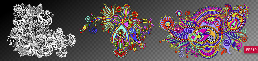 set of three paisley flower design isolated on a transparent bac
