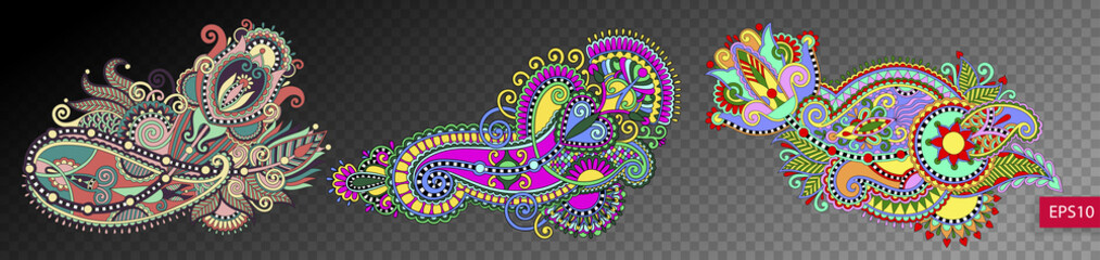 set of three paisley flower design isolated on a transparent bac