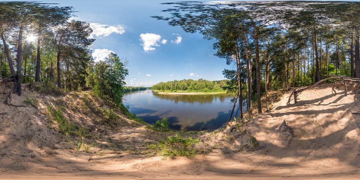 full seamless spherical panorama 360 by 180 angle view on the precipice of a wide river in sunny summer day in equirectangular projection, skybox VR virtual reality content
