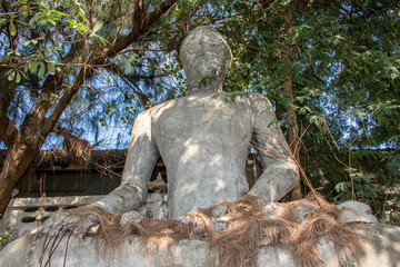 Fototapeta na wymiar The reconstruction Buddha statue sitting under tropical tree. Buddhist monastery Wat Phai Rong Wua, Thailand.