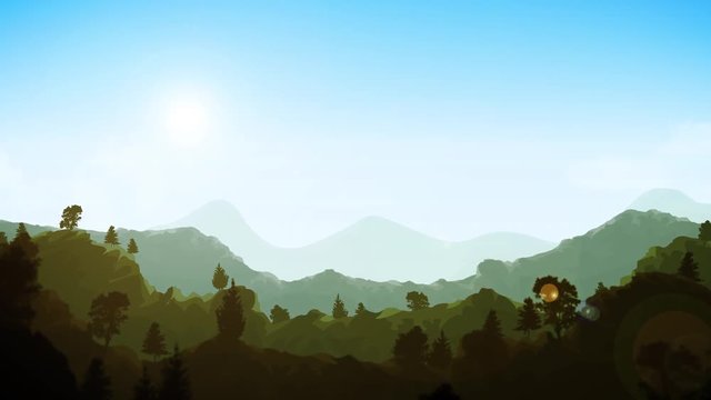 Summer Mountains Landscape background Clip/
Animation of a beautiful summer landscape background, with mountains range, sky and sunset, lens flareand parallaxe effect