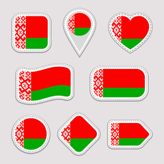 Belarus flag vector set. Belarusian national flags stickers collection. Vector isolated geometric icons. Web, sports pages, patriotic, travel, school, geographic design elements. Different shapes