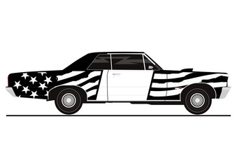 Obraz premium Sticker of muscle car in the color of the American flag. Side view. Flat vector.
