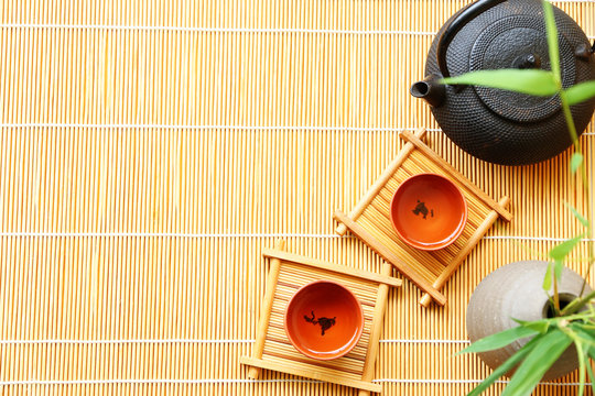 Chinese tea set on Bamboo mat Top view