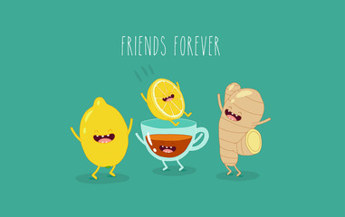 Black tea with lemon and ginger. Vector illustrations. You can use for cards, fridge magnets, stickers, posters.
