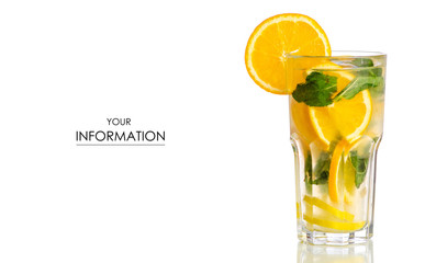 Glass lemonade lemon orange with mint pattern on white background isolation