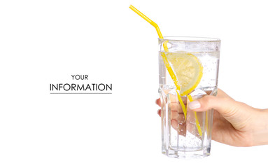 Glass carbonated water with lemon in hand pattern on white background isolation