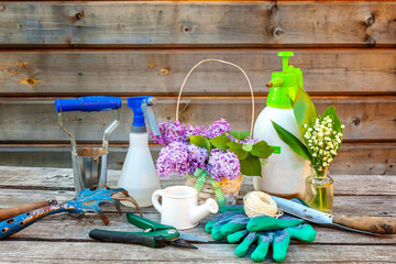 Gardening tools, watering can, shovel, spade, pruner, rake, glove, lilac, lily of the valley flowers on vintage wooden table. Spring or summer in garden, eco, nature, horticulture hobby concept