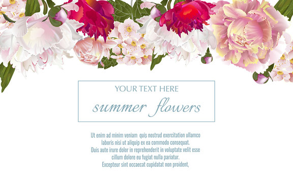 Vector vintage floral border with summer flovers. Template for greeting cards, wedding decorations, sales.