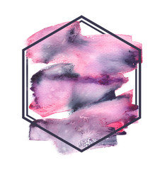 Purple abstract brush strokes painted in watercolor surrounded by hexagonal frame on clean white background