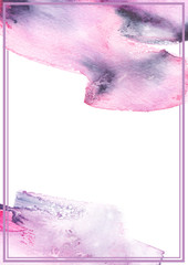 Light pink and purple abstract brush strokes painted in watercolor surrounded by rectangular frame on clean white background. International standard A4 size paper template. 