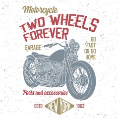 T-shirt or poster design with hand drawn illustration of chopper motorcycle