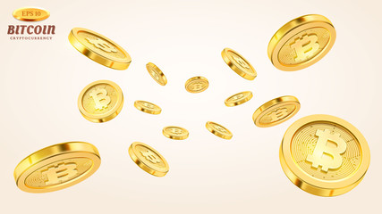 Cryptocurrency concept or electronic payments. Vector technology 3d illustration. Realistic gold coins explosion or splash on white background. Rain of golden bitcoins. Falling or flying money.