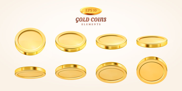 Vector empty 3d gold coins set isolated on background in different positions. Rain of golden coins. Falling or flying money. Bingo jackpot or casino poker or win element. Cash treasure concept.