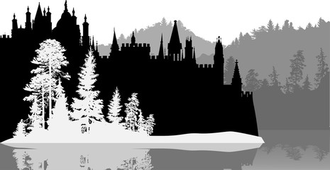 castle in forest near grey water