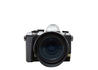 Closed up of mirrorless digital camera isolated on white background.