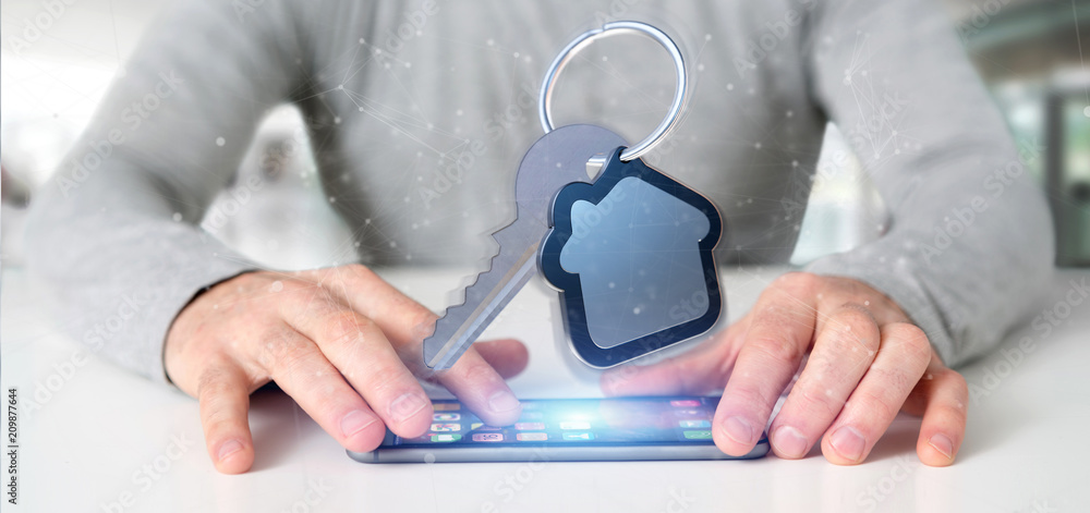 Poster man holding a key and house 3d rendering