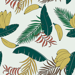 Fototapeta premium Tropical background with palm leaves and bananas. Seamless floral pattern. Summer vector illustration