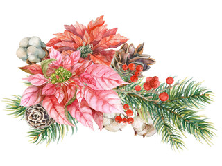 Christmas and New Year's bouquet made up of a watercolor set of plants. Poinsettia, cones, berries, spruce branches, cotton. Isolated on white background.