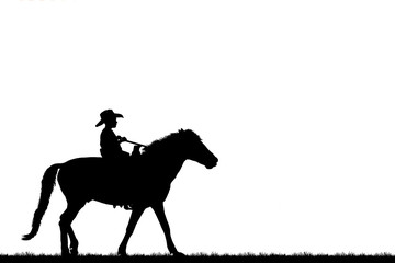 silhouette Cowboy riding a horse on white background