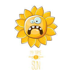 vector funky cartoon style summer sun character isolated on white background. My name is sun concept illustration. funky kids summer character with eyes and mouth