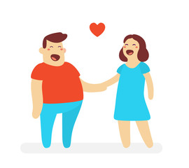 Obraz premium Vector illustration of happy man and woman holding each other's hand on white background. Happy lovers cartoon character concept.
