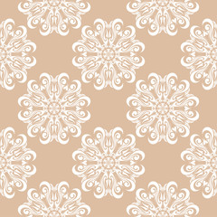 White floral ornament on beige background. Seamless pattern