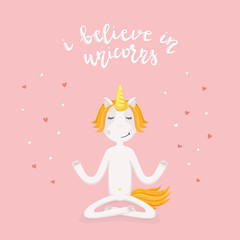 Meditating unicorn on pink background