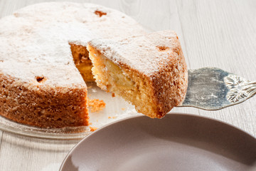 Piece of homemade apple pie on silver cake shovel