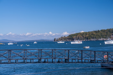 The Gulf of the Atlantic Ocean and small islands, many boats in the water. The coast of the Atlantic Ocean. USA. Maine
