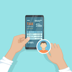 Human pay taxes using Face Recognition And Identification, Face ID on his smartphone. Online tax payment via phone. Man holding a mobile phone with tax form on screen. Fast payment of bills, services.