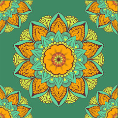 Seamless ethnic pattern with floral motives. Mandala stylized print template for fabric and paper. Boho chic design. Summer fashion.