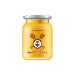 Realistic glass jar with honey. Food bank. Honey packaging design. Honey logo. Mock up glass jar with design label or badges. Vector illustrations.