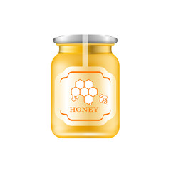 Realistic glass jar with honey. Food bank. Honey packaging design. Honey logo. Mock up glass jar with design label or badges. Vector illustrations.