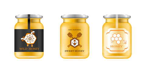 Realistic glass jar with honey. Food bank. Honey packaging design. Honey logo. Mock up glass jar with design label or badges. Vector illustrations.