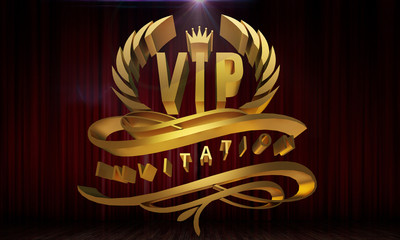 Golden VIP invitation, laurel wreath and flourishes, 3D render