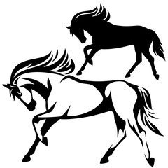 running horse side view black and white vector outline and silhouette