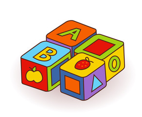 Baby's letter cubes toys. Wooden alphabet cubes with letters and fruits pictures. Vector