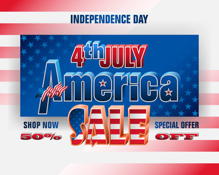 Holiday background with 3d texts and national flag colors for Fourth of July, American Independence day, sales, commercial events; Vector illustration