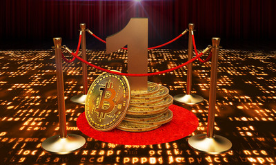 The first figure in the golden bitcoin, On the private corridor VIP. 3D Illustration.