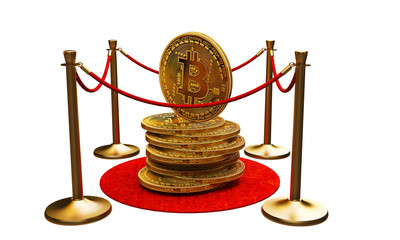 The first figure in the golden bitcoin, On the private corridor VIP, On white background. 3D Illustration.