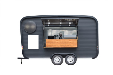 black trailer food truck isolate on white background, coffee mobile shop with white mock up sign.