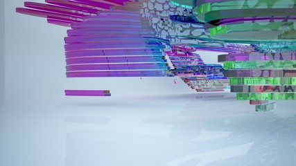 Abstract white and colored gradient glasses interior multilevel public space with window. 3D illustration and rendering.