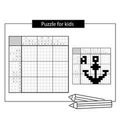 Fototapeta premium Anchor. Black and white japanese crossword with answer. Nonogram with answer. Graphic crossword. Puzzle game for kids.