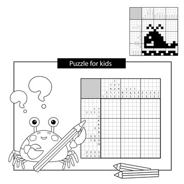 Education Puzzle Game for school Children. Whale. Black and white japanese crossword with answer. Nonogram with answer. Graphic crossword. Coloring Page Outline Of sea crab. Coloring book for kids.