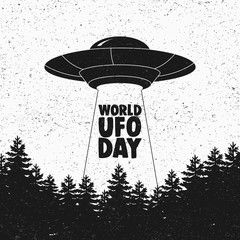 Ufo flying spaceship. World UFO Day. Flying saucer. Vector © yabluko_draws