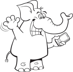 Black and white illustration of an elephant holding a cell phone.