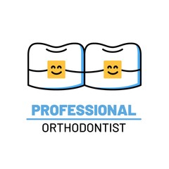 Professional orthodontist logo. Alignment of teeth with braces. Dental clinic services. After correction with brackets. Stomatology check up, hygiene and treatment. Teeth implantation and restoration.